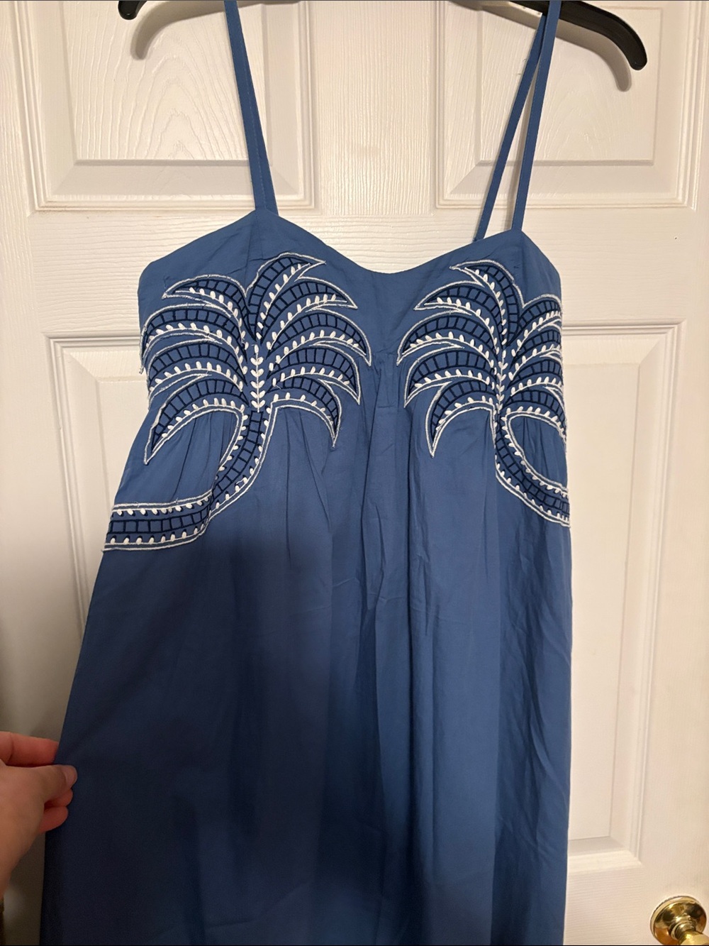 NWOT Blue Embroidered Midi Dress with Palm Motif